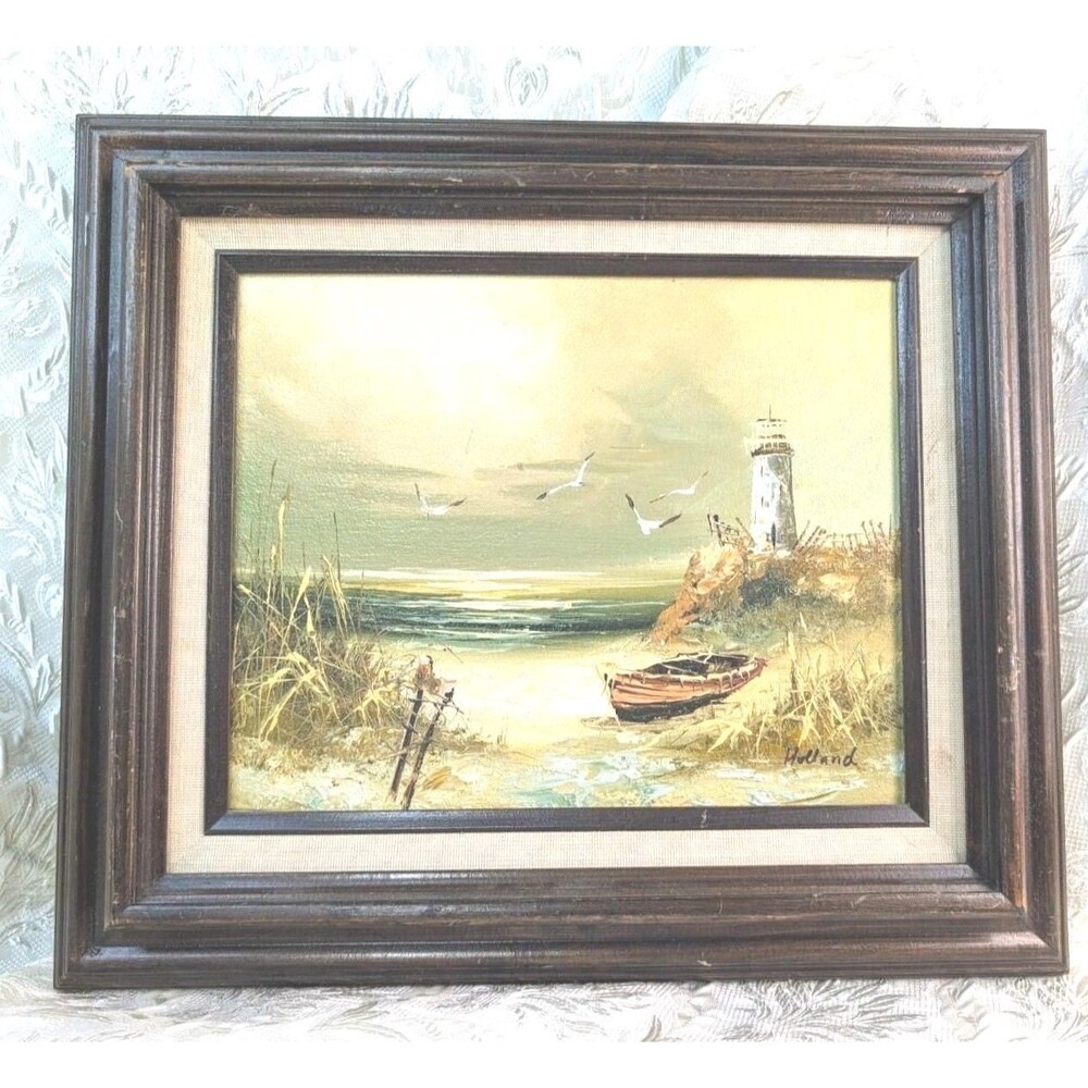 Lighthouse Beach Sea Coast 1960s Painting signed Holland | 12x14 Wood Frame